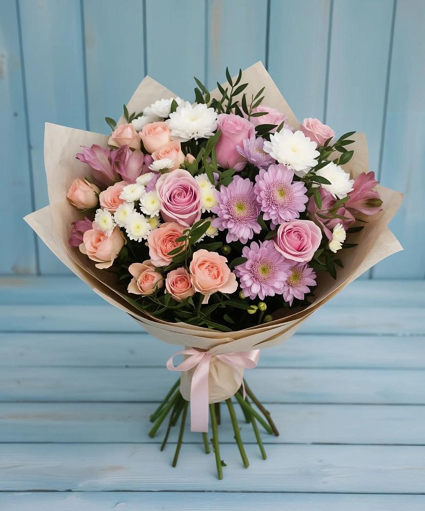 Букет цветов из: Хризантемы, Розы и Альстромерии в Гиганте