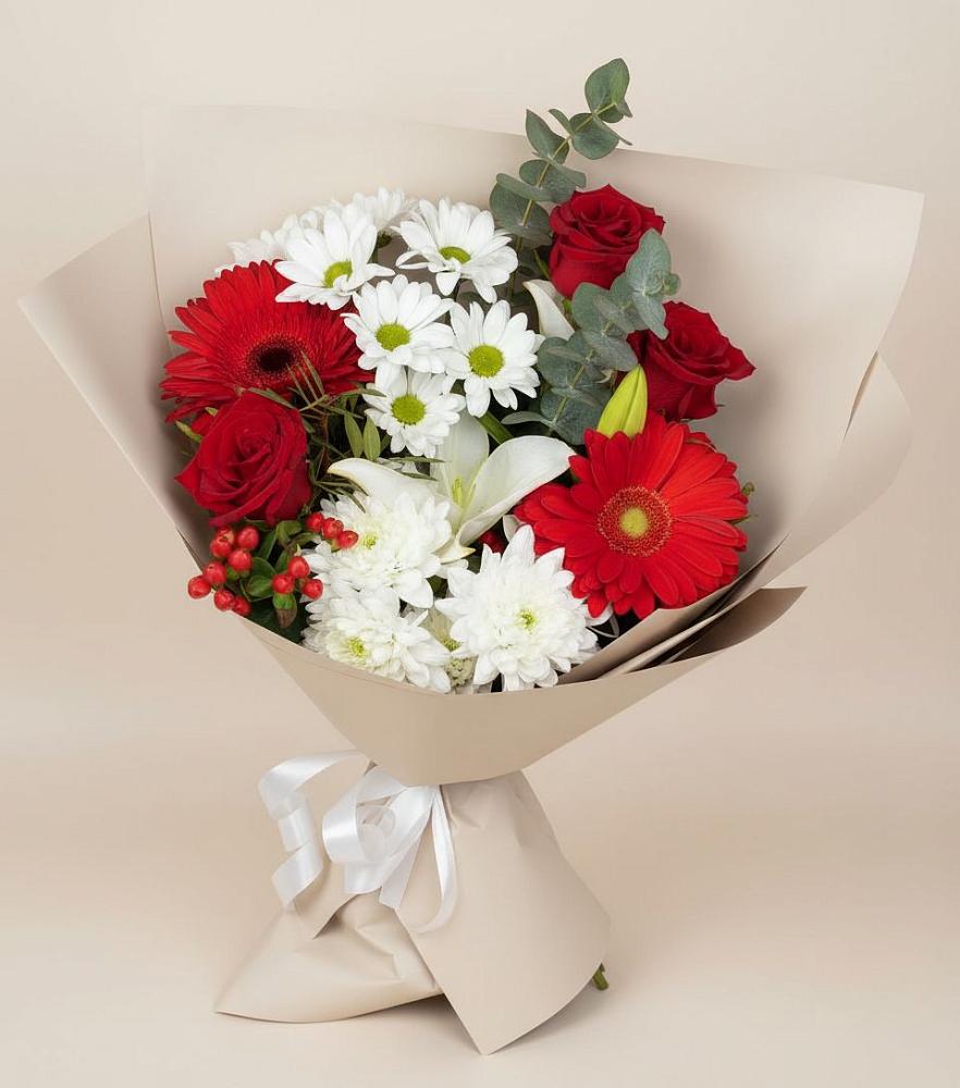 Букет цветов из: Розы, Хризантемы, Герберы и Лилии в Гиганте