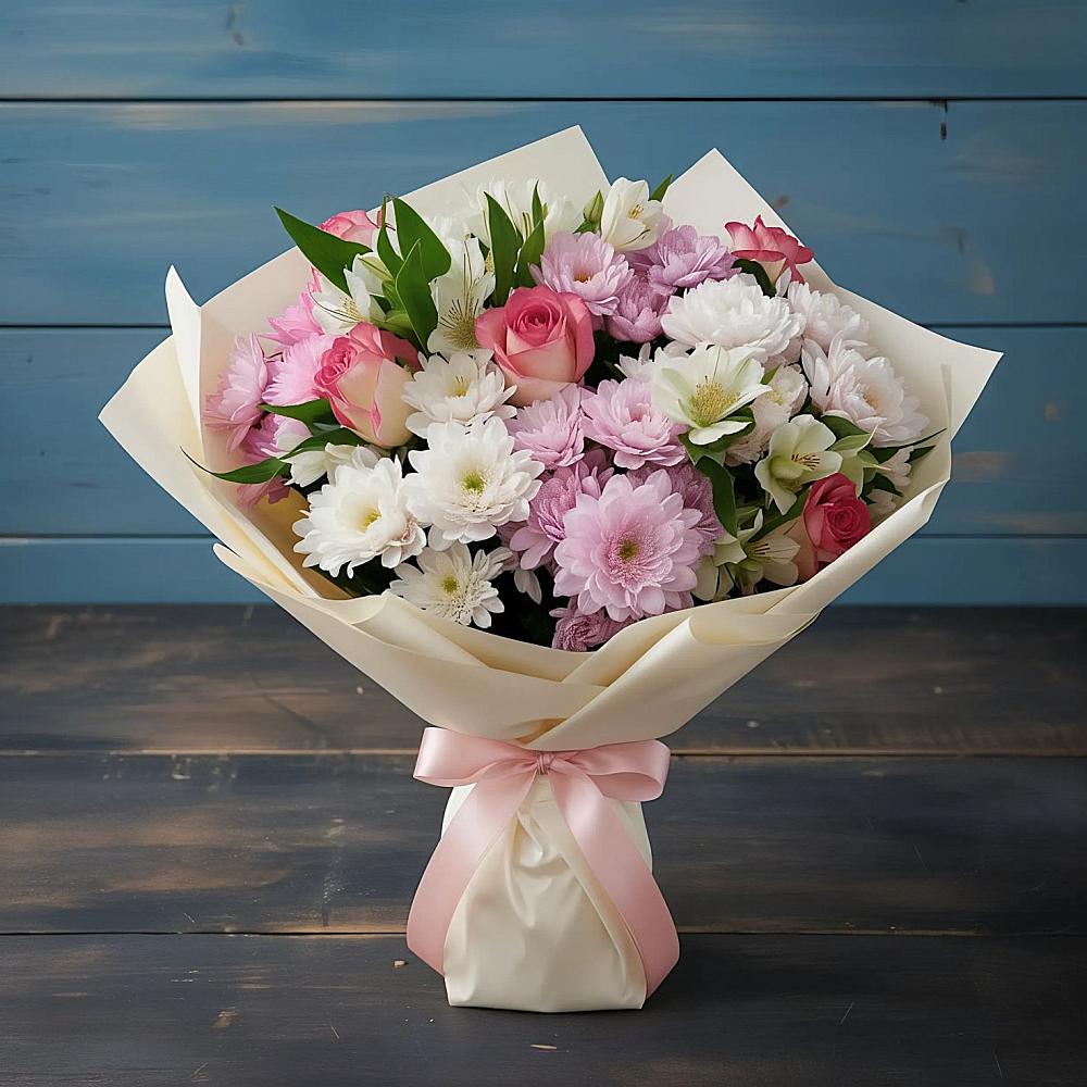 Букет цветов из: Хризантемы, Альстромерии и Розы в Гиганте